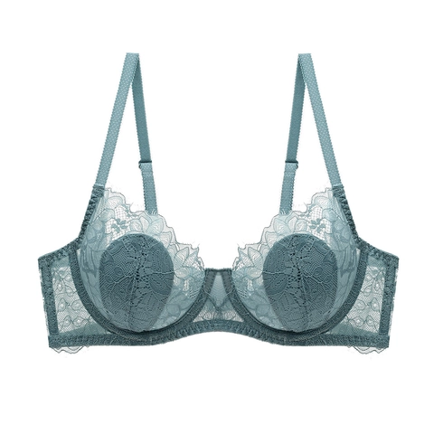 Sujetador Sexy de Encaje Francés para Mujer Copa de Oreja de Conejo Delgada Con Aros Bordado Floral Malla Transparente