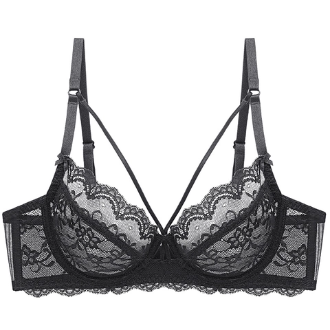 Women's Sexy Lace Bra Ultra-Thin Transparent Mesh Underwear With Underwire Bow Decor Adjustable Straps French Style Bralette