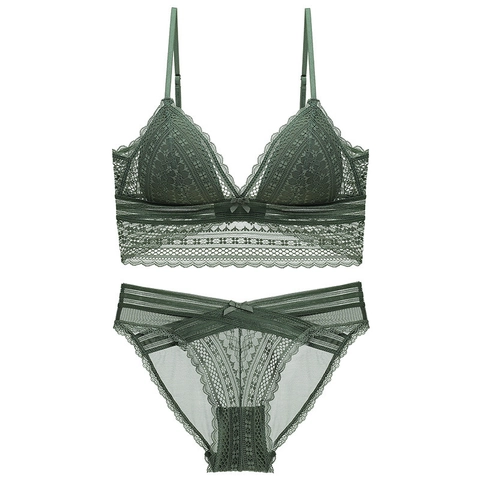 French Sexy Lace Bra And Panty For Women Wireless Triangle Cup U-Back Breathable Floral Embroidery Elegant Lingerie Underwear