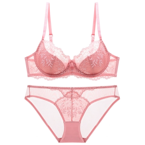 Sexy Floral Lace Lingerie Set For Women Thin Mesh Push Up Bra And Panties Underwear Set 3/4 Cup Underwire Breathable
