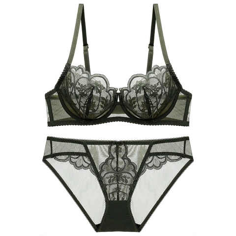 Women Sexy Lace Lingerie Set Ultra Thin Breathable Floral Minimizer Bra And Panties Set With Underwire Push Up Underwear