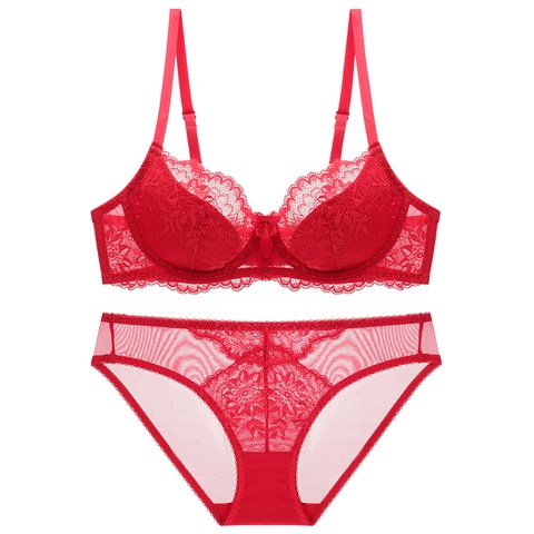 Women Sexy Lace Bra And Panty Top And Bottom Embroidery Thin Minimizer Lingerie Set Large Size Floral Mesh Underwear