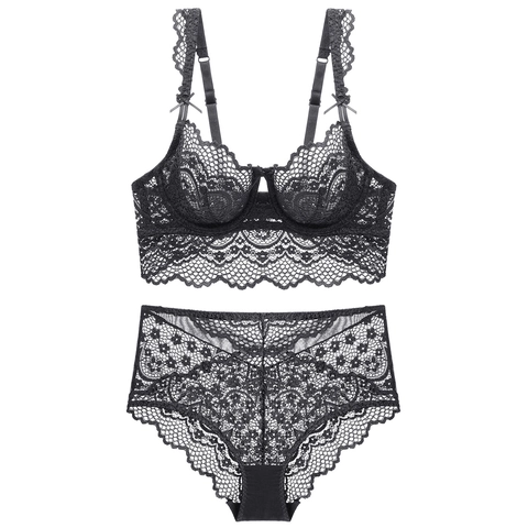 Damen Sexy Ultradünnes Spitze Lingerie Set Blumen Bestickt Bügel BH Und High Waist Slip Zweiteiliges Unterwäsche Set