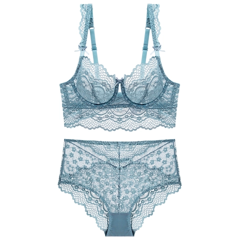 Damen Sexy Ultradünnes Spitze Lingerie Set Blumen Bestickt Bügel BH Und High Waist Slip Zweiteiliges Unterwäsche Set