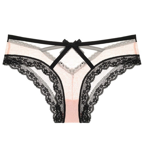 Culottes en Dentelle Sexy pour Femmes Style Français Respirant Taille Basse Sous-vêtements Motif Floral Nœud Lingerie