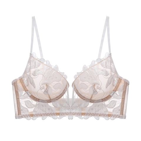 Intimo Sexy Ultrasottile Stile Francese per Donna Completo Reggiseno in Pizzo Ricamato a V Profondo Push Up con Ferretto