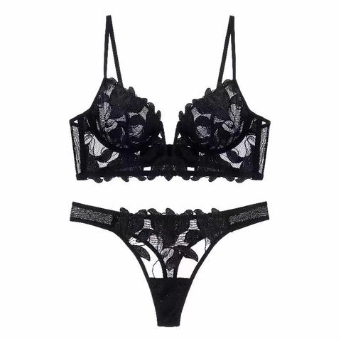 Lencería de Encaje Sexy para Mujer Deep V Bordado Floral Ultra Delgada Sujetador Con Aros Y Braguitas Ropa Interior