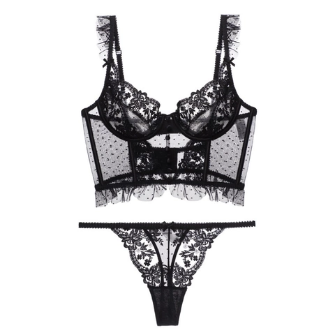 Lingerie Sexy in Pizzo in Stile Francese per Donna Bustier con Ricamo Floreale a Linea Lunga Ultra Sottile a Pois in Rete con Volant