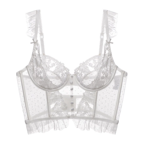 French Vintage Lace Bustier Bra And Panties Set For Women Sexy Ultra Thin Floral Embroidery Polka Dot Underwired Lingerie