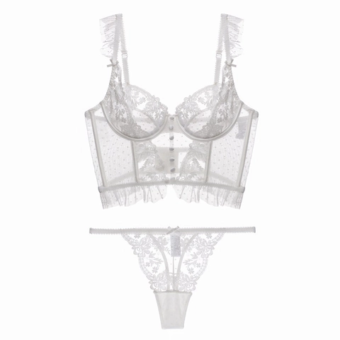 Lingerie Sexy in Pizzo in Stile Francese per Donna Bustier con Ricamo Floreale a Linea Lunga Ultra Sottile a Pois in Rete con Volant
