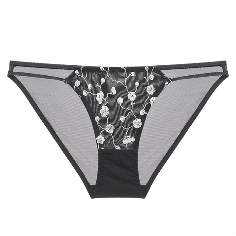 Women Sexy French Lace Embroidery Panties Transparent Mesh Low Waist Briefs Breathable Cotton Crotch Hip Lift Lingerie