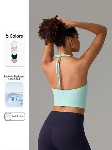 Sujetador Deportivo Cuello Halter para Mujer Espalda al Aire Camiseta Tirantes Yoga con Sujetador Integrado Ajuste Delgado Top