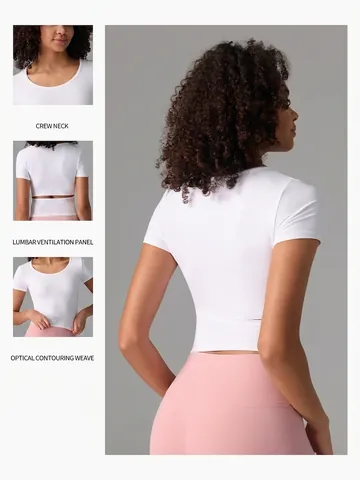 Camiseta de Yoga Ajustada para Mujer Cuello Redondo Espalda Calada Manga Corta Top Deportivo Cloud Touch Fitness Gym T-Shirt