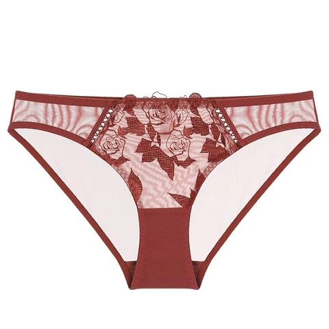 Women Sexy French Style Ultra Thin Floral Embroidered Lace Panties Breathable Transparent Mesh Low Waist Underwear Cotton Crotch