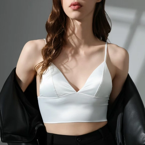 Sexy Bralette in Raso Stile Francese Donna Senza Ferretto Coppa a Triangolo Spalline Sottili Scollo a V Leopardato Zebra Tinta Unita Top Reggiseno