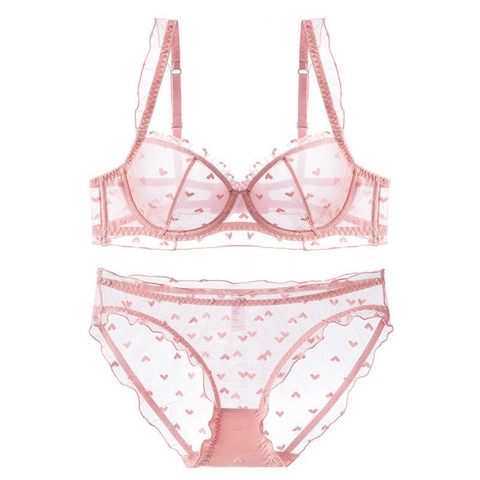 Estilo Francés Sexy Ultra Delgado Sujetador de Encaje Transparente Y Bragas Traje a Juego Patrón de Corazón Volante Lencería Mujer