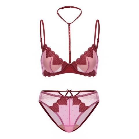 Set di Lingerie Halter Francese Ricamo a Cuore Mesh Reggiseno Push Up e Mutandine Con Ferretto Strass Fiocco Sexy Completo Donna