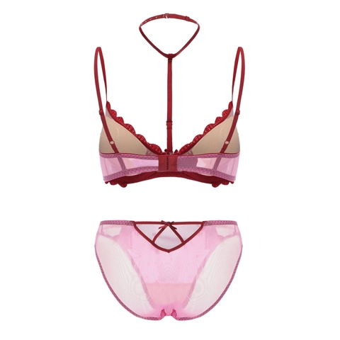 Set di Lingerie Halter Francese Ricamo a Cuore Mesh Reggiseno Push Up e Mutandine Con Ferretto Strass Fiocco Sexy Completo Donna
