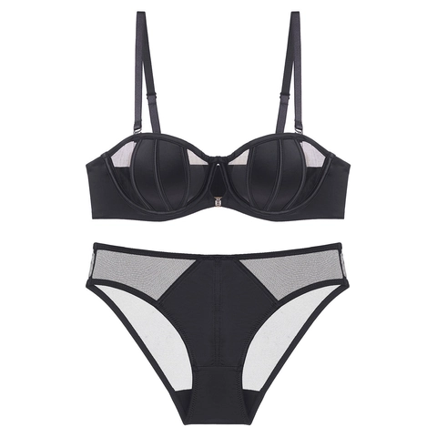 Conjunto De Lencería De Estilo Francés Para Mujer Sin Costuras Empalme De Malla Aspecto Satinado Sujetador Y Bragas Top And Bottom
