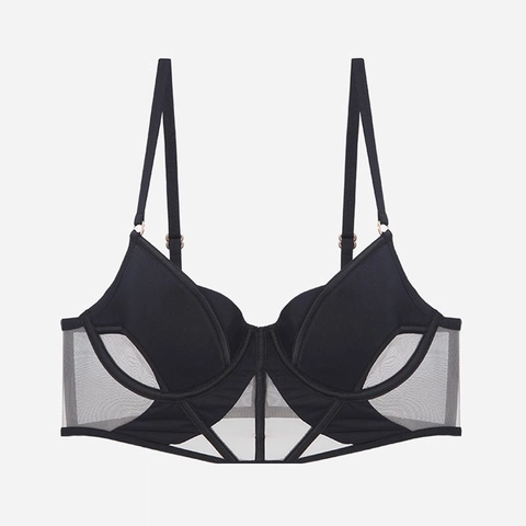Damen Französischer Stil Netzgewebe Korsett BH Sexy Hohlmasche Mit Bügel Minimierer Bralette Mit Satin-Details Schwarz
