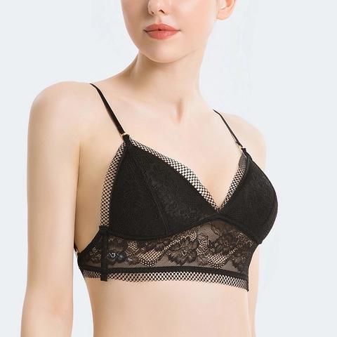 Sujetador de Encaje Sexy de Estilo Francés Para Mujer Copa Triangular Sin Aros Espalda Descubierta Bralette Fino Con Tirante Ajustable Ropa Interior