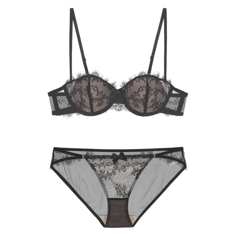 Französisches Sexy Wimpernspitze Dessous Set Damen Soft Bügel Push Up BH Und Transparente Mesh Slip Set Blumen Stickerei Unterwäsche