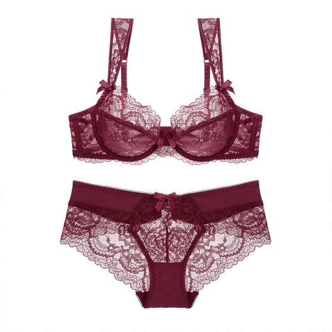 French Sexy Ultra Thin Transparent Floral Lace Bra And Panties Embroidered Push Up Underwear Lingerie For Women With Bowknot Decor
