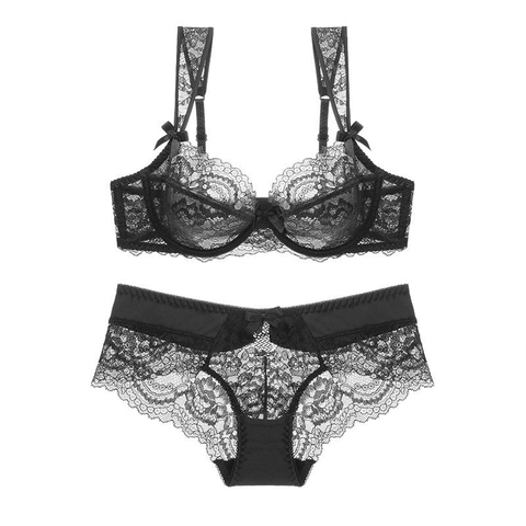 French Sexy Ultra Thin Transparent Floral Lace Bra And Panties Embroidered Push Up Underwear Lingerie For Women With Bowknot Decor