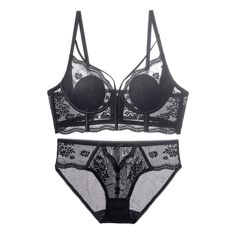 Damen Sexy Spitze Dessous Set Französisch Dünn Vorderverschluss Schöner Rücken Minimizer BH Und Höschen Blumen Stickerei Unterwäsche