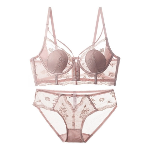 Damen Sexy Spitze Dessous Set Französisch Dünn Vorderverschluss Schöner Rücken Minimizer BH Und Höschen Blumen Stickerei Unterwäsche