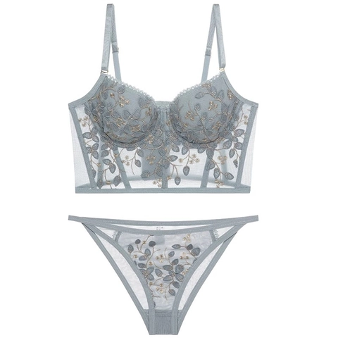 French Palace Style Luxury Embroidery Lace Bra And Panty Set With Mesh Floral Design Sexy Bustier Lingerie For Women