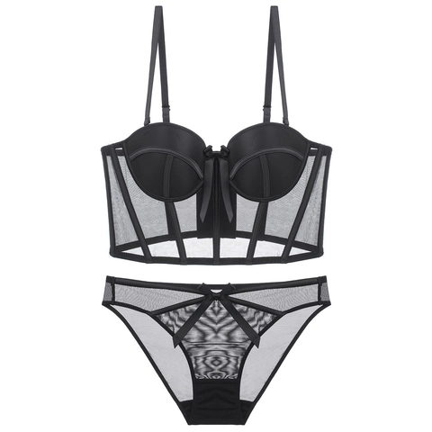 Conjunto de Lencería Sexy para Mujer Sujetador Bustier de Malla y Bragas Top de Corsé con Ballenas y Lazo Push Up