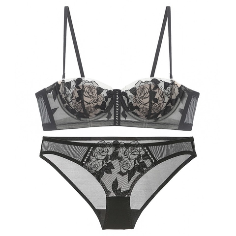 Sujetador de Encaje con Bordado de Rosas Estilo Francés Sexy Minimizador Delgado con Aro Conjunto de Lencería Mujer Elegante