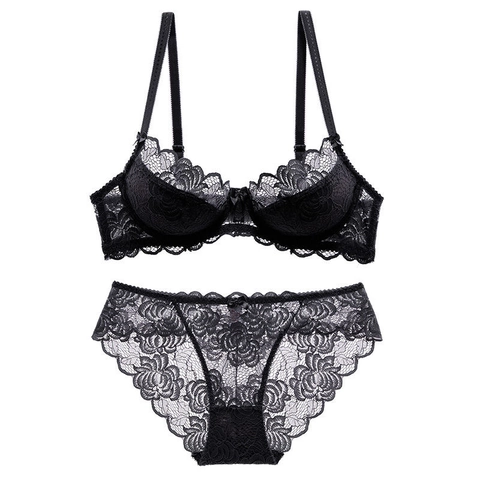 Conjunto de Lencería Sexy de Encaje para Mujer Bordado Floral Transparente Sujetador con Aros y Braguitas Malla Transpirable Lazo Ropa Interior
