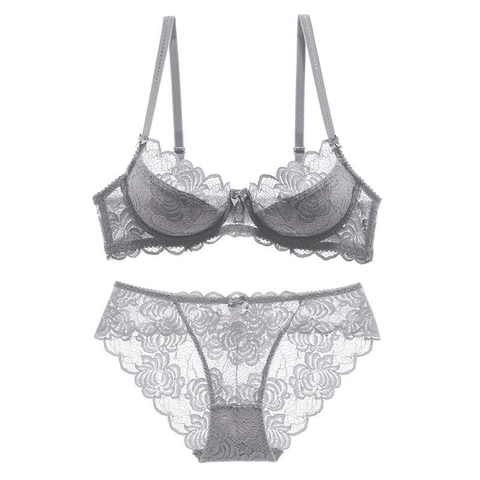 Conjunto de Lencería Sexy de Encaje para Mujer Bordado Floral Transparente Sujetador con Aros y Braguitas Malla Transpirable Lazo Ropa Interior