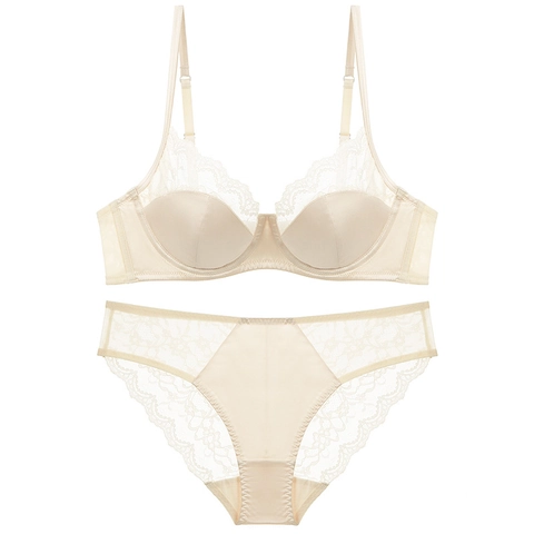 Ensemble Soutien-Gorge et Culotte en Dentelle et Satin Style Français Sexy Push Up avec Armature Bonnet Mince Respirant