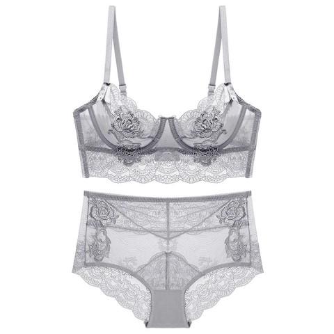 Conjunto de Lencería Sexy de Encaje Francés Bordado Sujetador y Bragas Ultrafinos Transparentes Con Aro Lujo