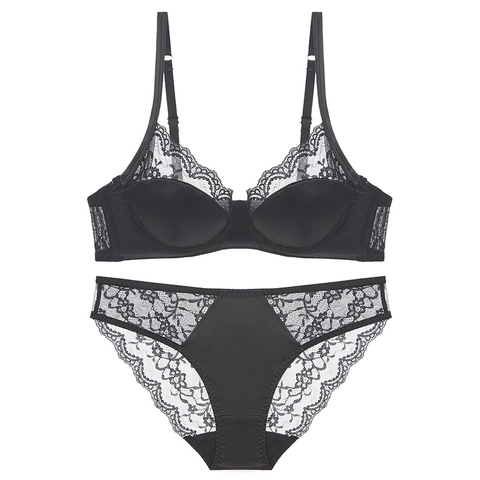 Ensemble Soutien-Gorge et Culotte en Dentelle et Satin Style Français Sexy Push Up avec Armature Bonnet Mince Respirant