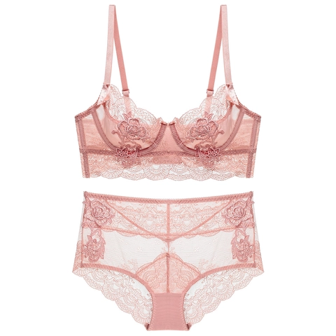 Conjunto de Lencería Sexy de Encaje Francés Bordado Sujetador y Bragas Ultrafinos Transparentes Con Aro Lujo