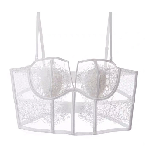 Französischer Stil Wimpernspitze Bustier Korsett Top Für Damen Sexy Transparenter Netzstoff Weicher Bügel BH Lingerie