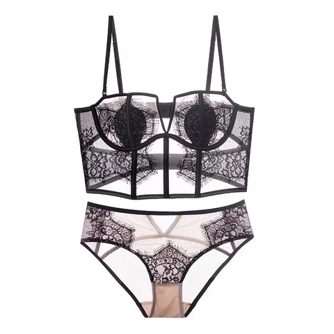 Französische Sexy Wimpernspitze Bustier Bra Und Panties Lingerie Für Damen Dünne Cup Bügel Mit Stäbchen Push Up Rücken Top