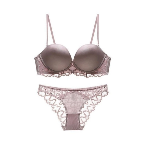 Conjunto de Lencería Sexy de Encaje para Mujer con Aros Push Up sin Costuras Sujetador y Bragas Textura de Satén