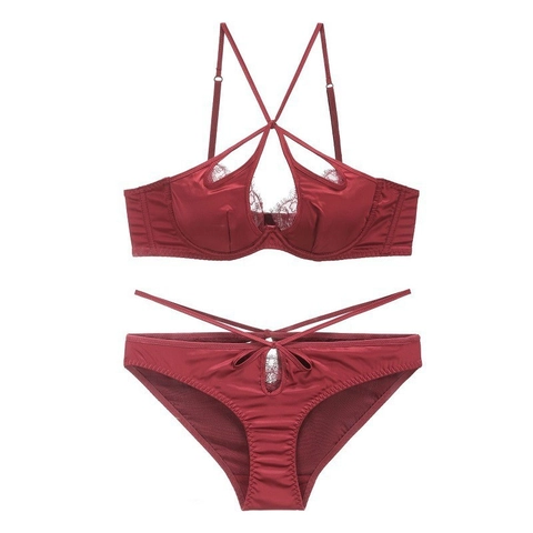 Luxurious Satin Eyelash Lace Lingerie Top And Bottom Deep V Backless Criss-cross Straps Push Up Bra Briefs Set For Women