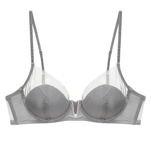 Französischer Stil Sexy Tiefer V Mesh Spleißen Lingerie BH Und Höschen Dünne Schale Push Up Bequemer Atmungsaktiver BH Damen