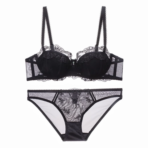 Sexy Spitzenstickerei BH Und Slip Weicher Bügel Push Up Dessous Satin Mesh Atmungsaktiv Dünne Nylon Unterwäsche Für Damen Mode