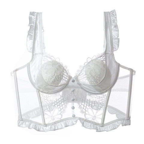 Damen Sexy Spitze Korsett Bustier BH Top Französischer Vintage Blumenstickerei Rüschen Lingerie Mesh Bustier Mit Knöpfen