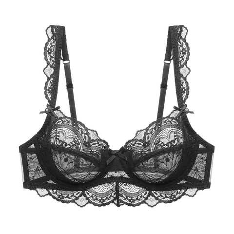 Sujetador de Encaje Transparente Ultra Delgado Estilo Francés para Mujer Sexy Con Aros Patrón Floral Lencería Transpirable