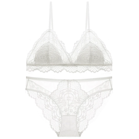French Style Sexy Lace Triangle Cup Bra And Panty Set Wireless Breathable Lingerie For Women Thin Mold Cup Underwear Set