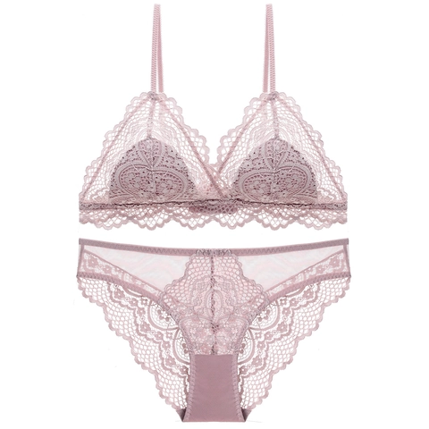 Lencería de Encaje Sexy de Estilo Francés para Mujer Cómodo Sujetador sin Aros de Algodón Fino con Bordado Floral y Bragas