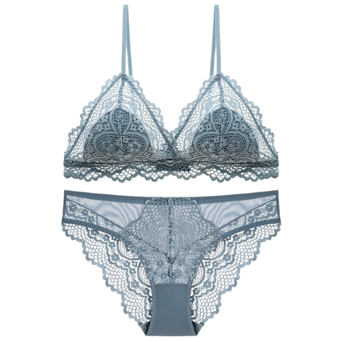 French Style Sexy Lace Triangle Cup Bra And Panty Set Wireless Breathable Lingerie For Women Thin Mold Cup Underwear Set